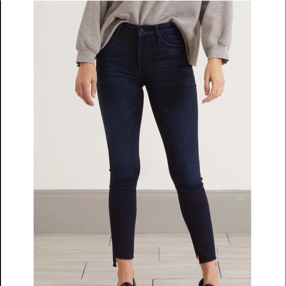 MOTHER Denim - MOTHER Dark Blue Wash Distressed Hem Ankle Cropped Skinny Jeans Size 25